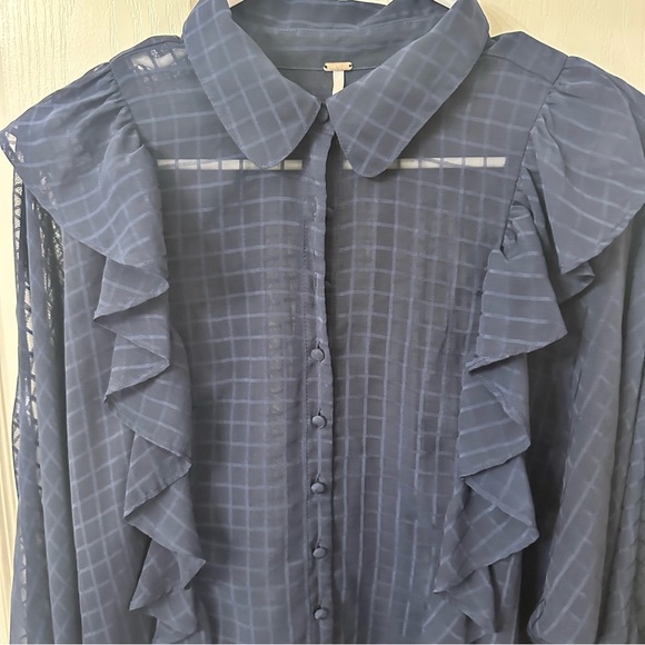 Free People sheer navy blue plaid ruffle blouse, S - Picture 3 of 5